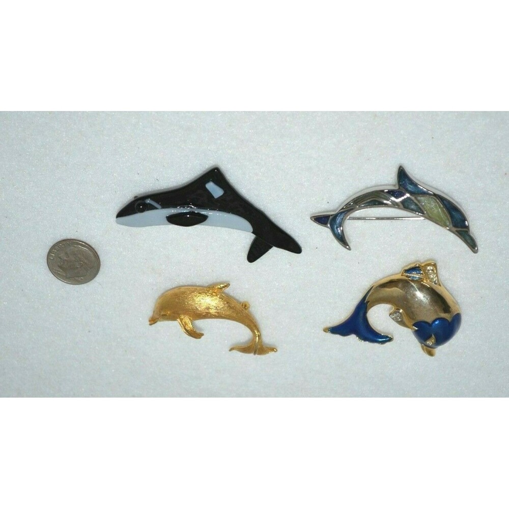 Dolphin and Whale pin brooch lot metal enamel and glass